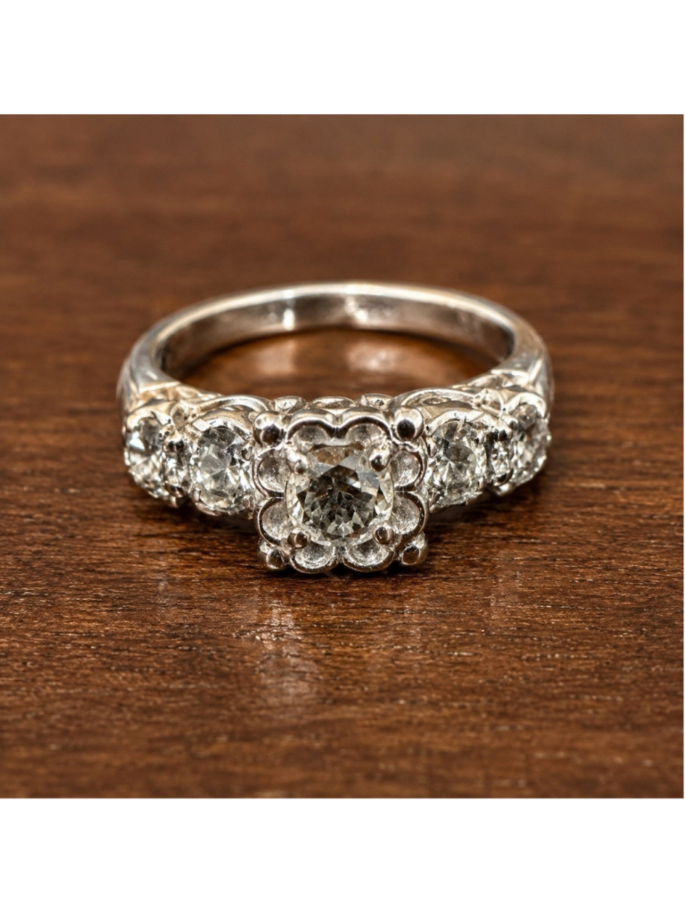 Art Deco 14K White Gold Natural 5 Diamond Cluster Ring Art Deco Flower Size 5-6